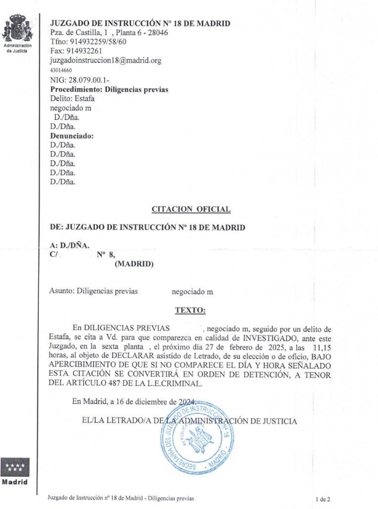 Ejemplo de citación como investigado en los Juzgados de Madrid