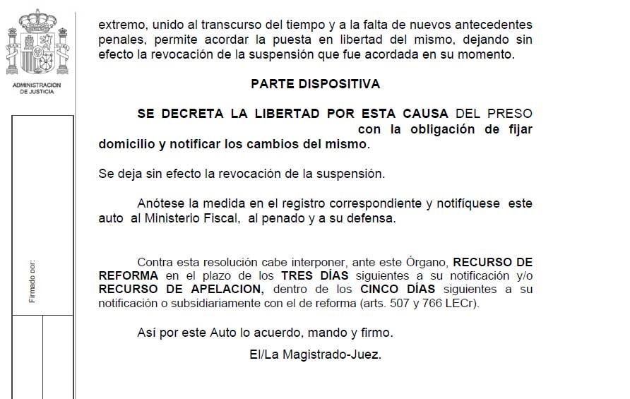 Captura de auto de puesta en libertad